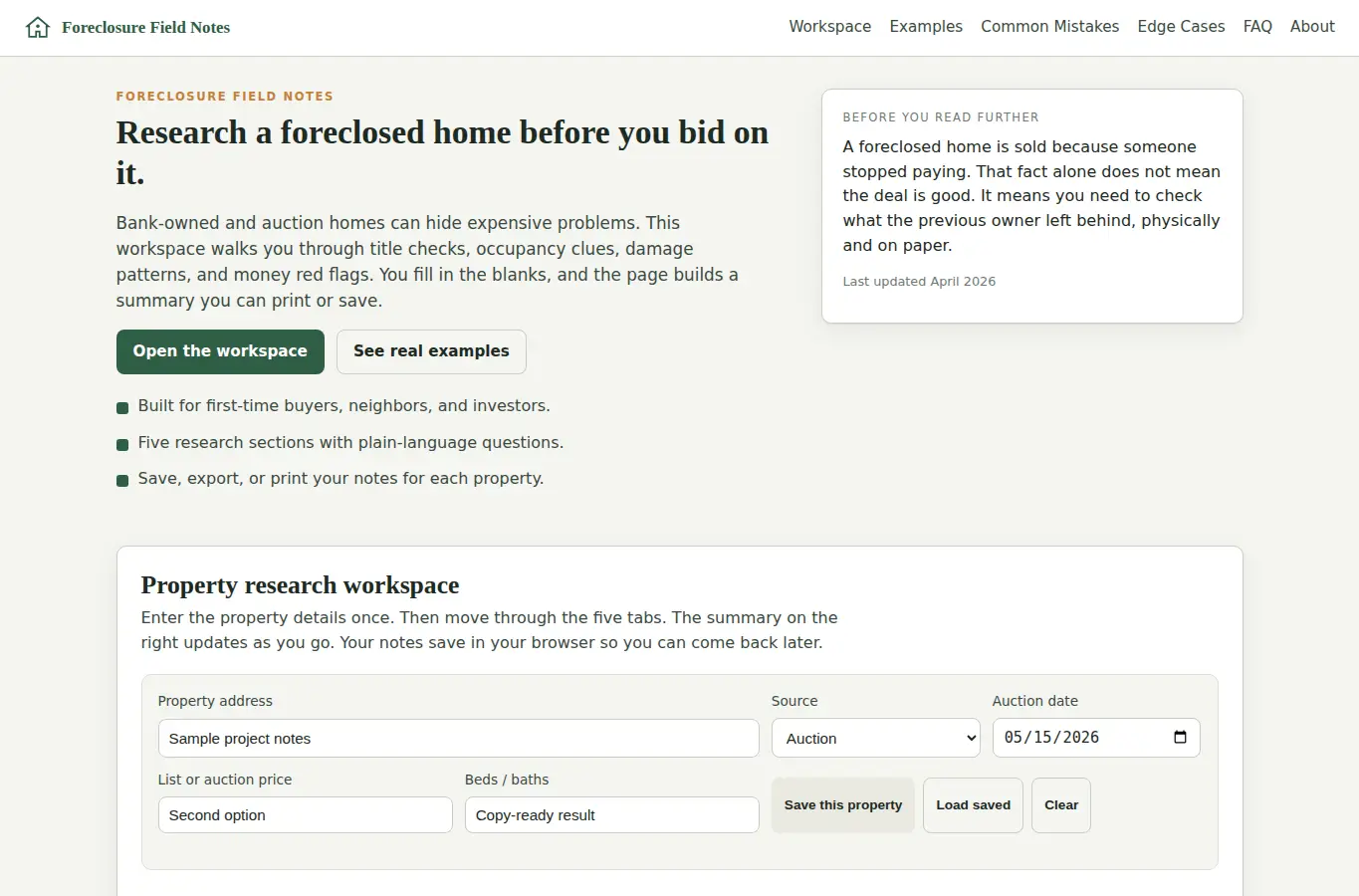 Screenshot of Foreclosed Property Research Primer interface showing the project page in use
